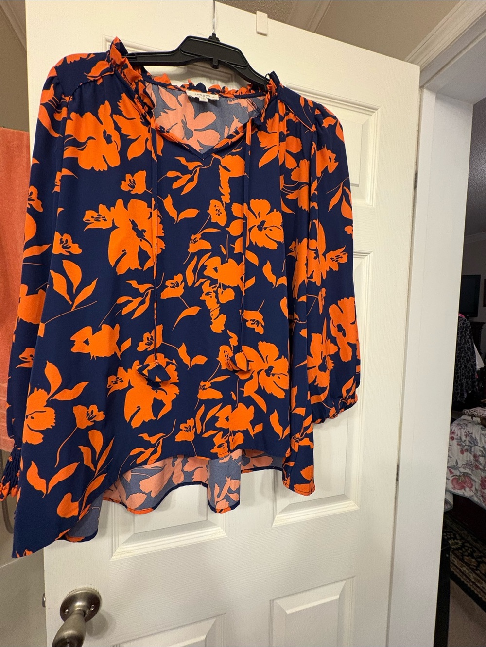 Umgee Navy Blue Blouse with Bright Orange Floral Print and Tie Neck